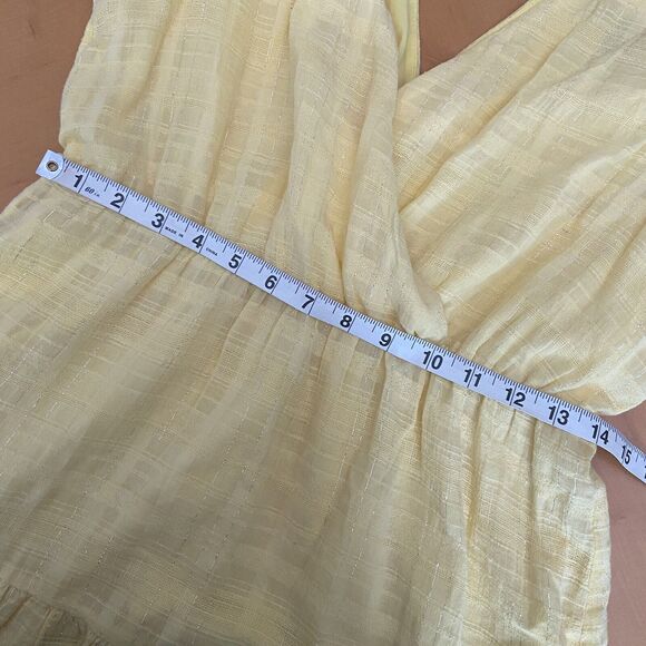 Maggy London Sz 10 Tiered Midi Sundress Yellow Flutter Cap Sleeve Silver Thread - Picture 13 of 13
